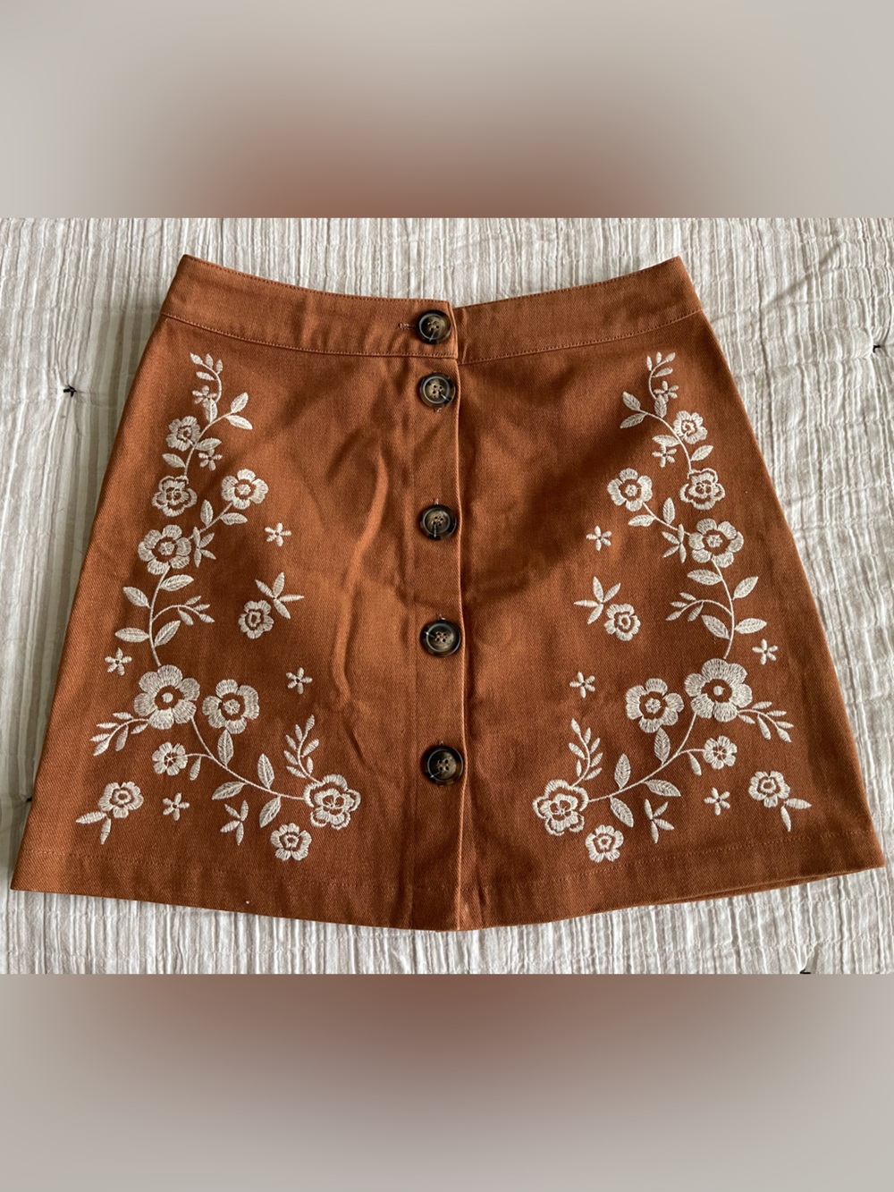 miami Rust Mini Skirt with White Floral Embroidery